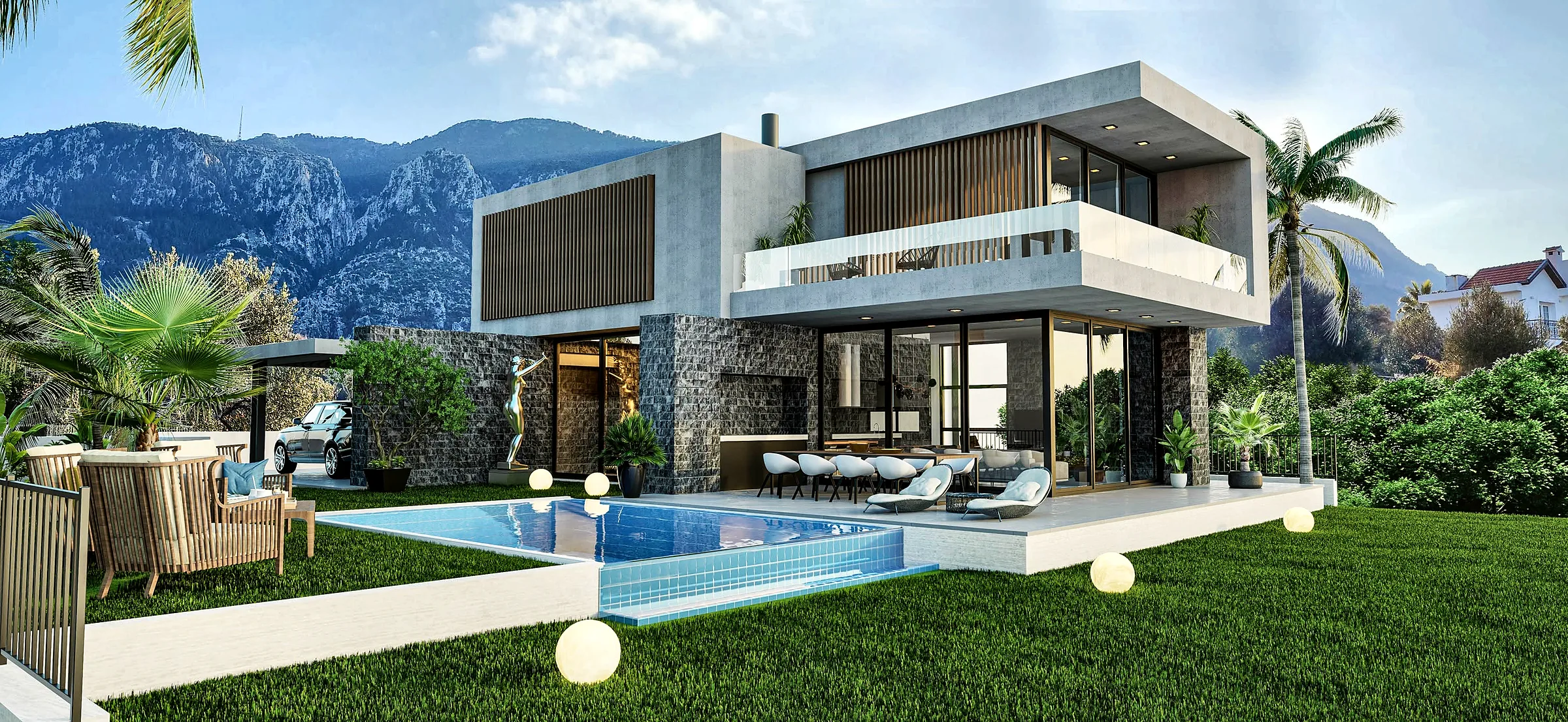 Özasker villa design in Kyrenia: two storeys, infinity pool, stone walls and the Kyrenia mountains behind